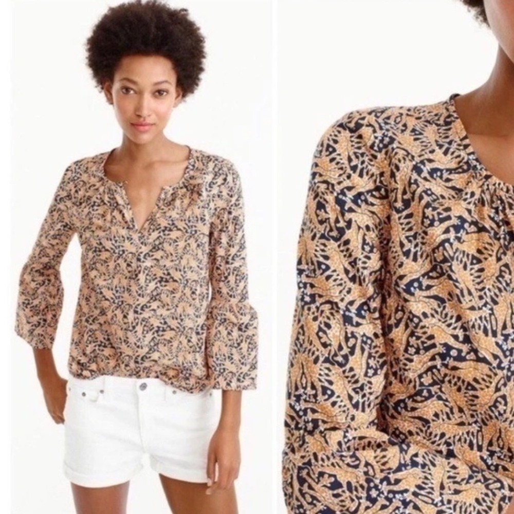 J.Crew Drake's London Top Womens 4 Giraffe Print Bell Sleeve Keyhole Popover